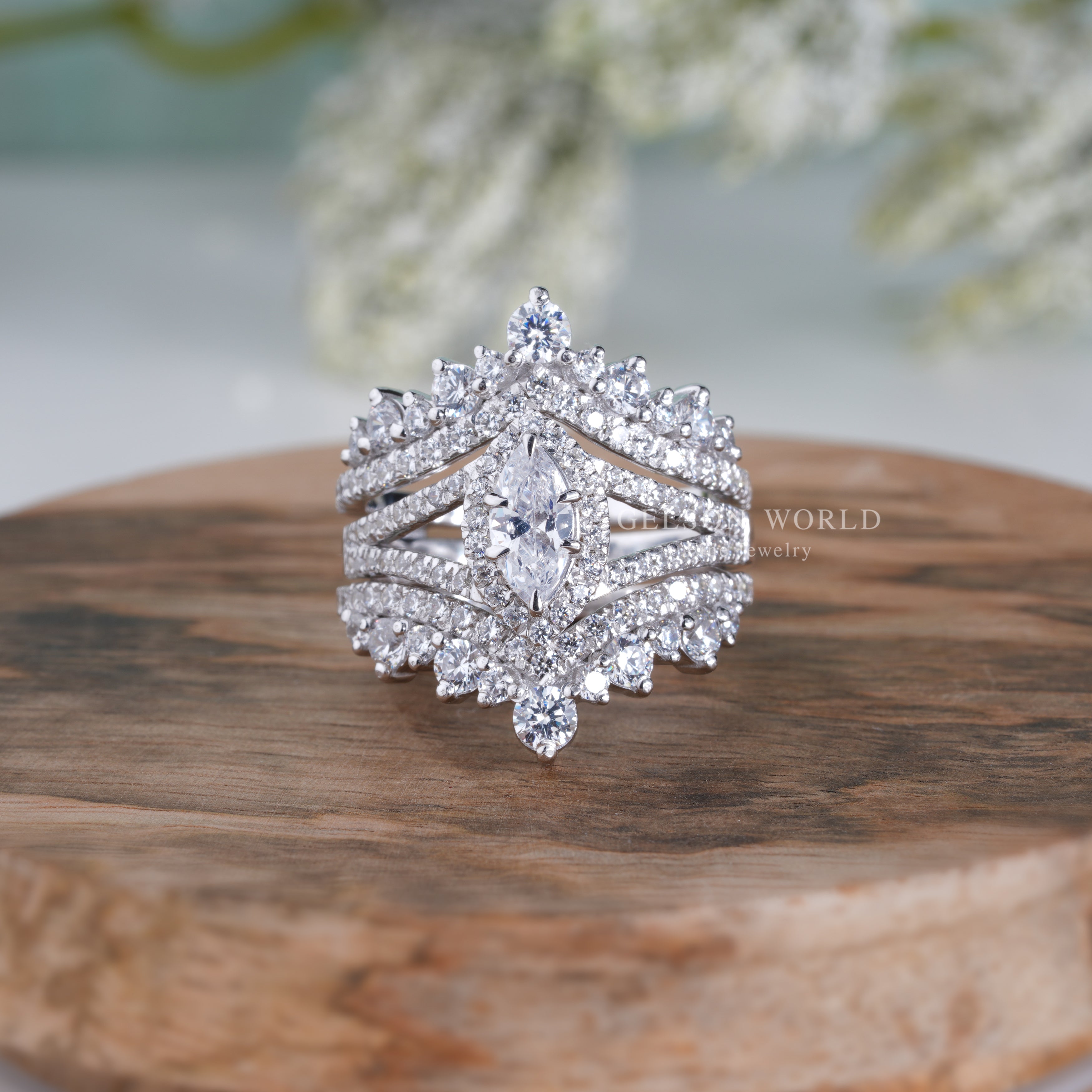 Art Deco Bridal Engagement Ring With Enhancer, Enhancer Wedding Ring Sets For Women