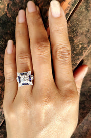Round Diamond Simulant & Baguette Blue Sapphire Antique Women Ring, Wedding Ring, Promise Ring