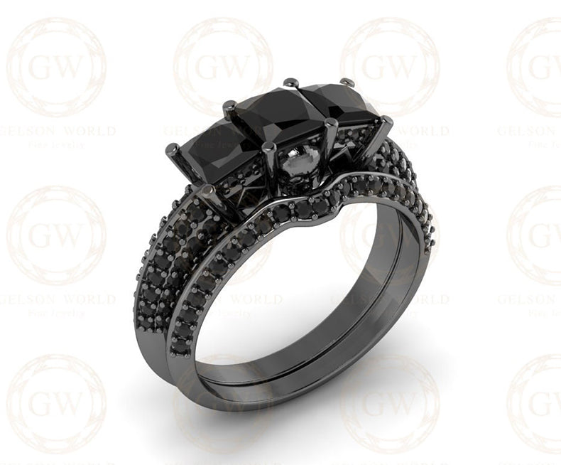 2.20 Ct Gothic Skull Bridal Wedding Ring Set, Unique Skull Princess Diamond Knife Edge 3 Stone Engagement ring set, Stacking Matching Band