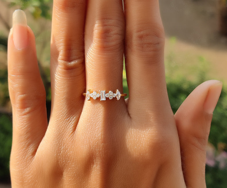 Multi Stone Moissanite Ring - Dainty Stacking Gold and Silver Band