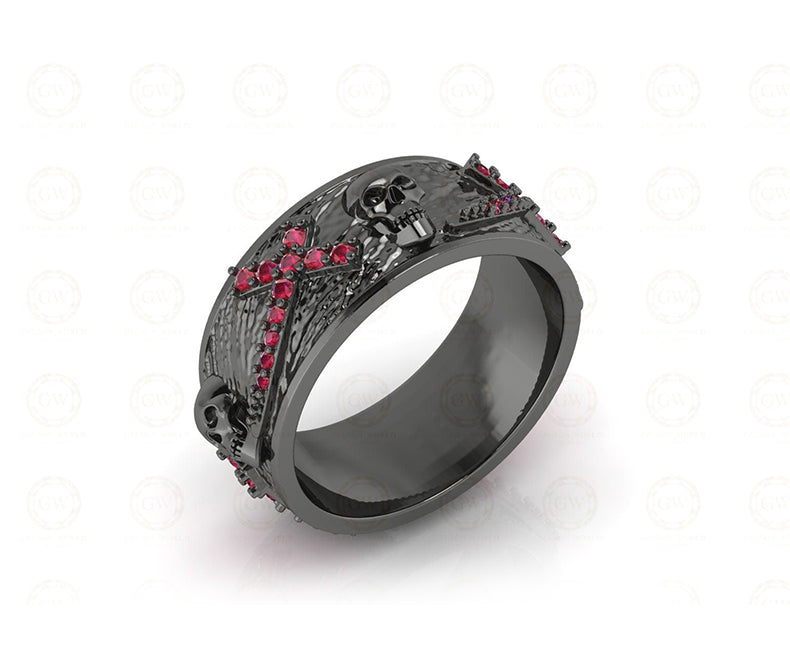 8 mm Wide Unique Cross Men's Gothic Skull Wedding Band, Punk Style Biker Ring, Birthstone July Ruby gemstone ring, 925 Sterling Silver