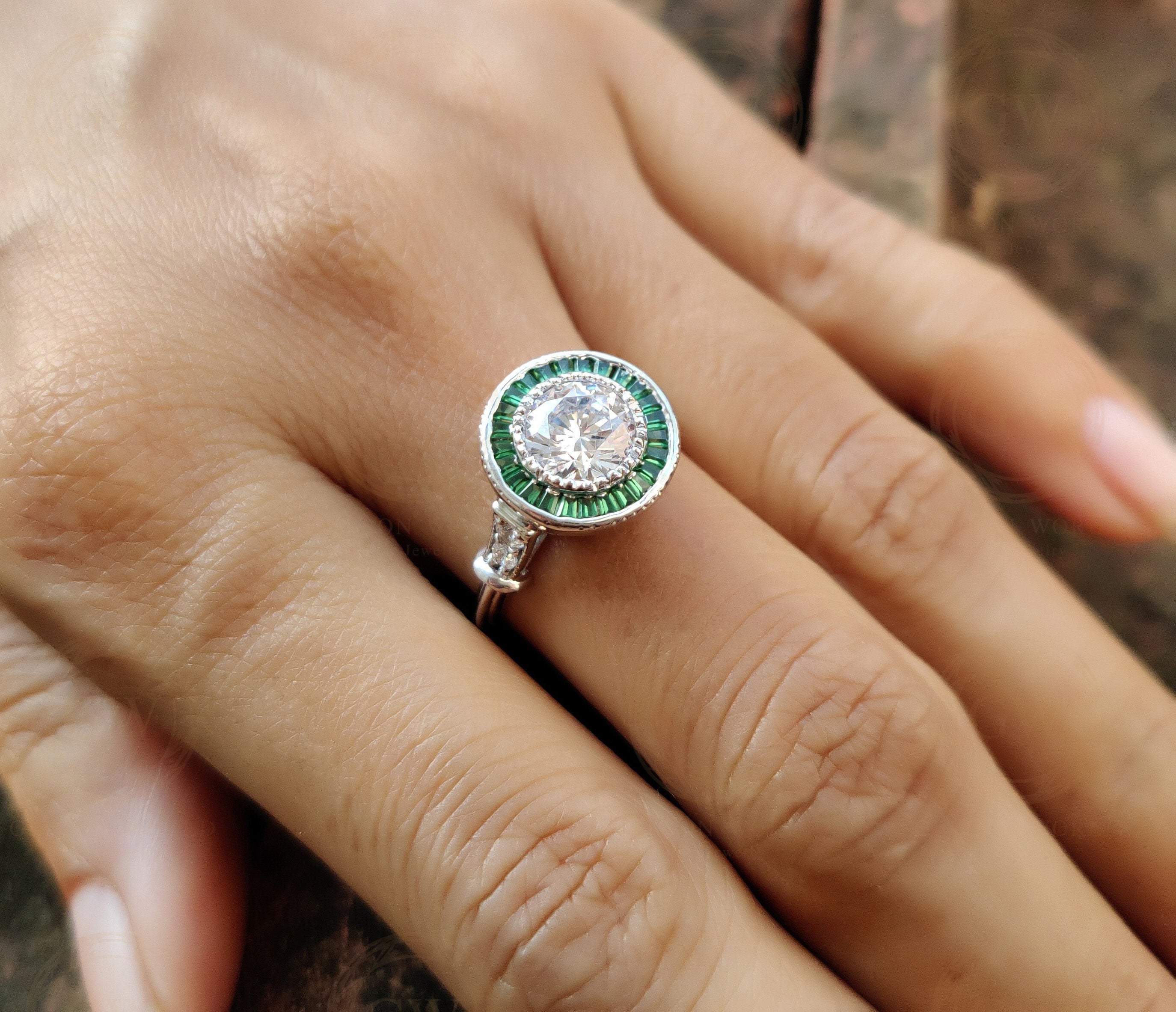 2.00 Ct Round Cut and Green Baguette Art Deco Engagement Ring, Emerald Gemstone Vintage Halo Ring for women, Anniversary Silver Estate Ring