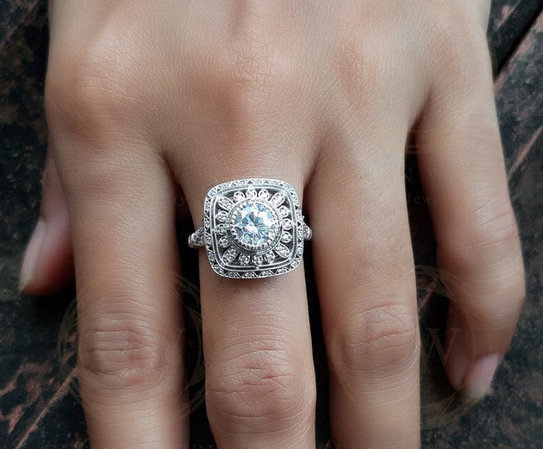 Art Deco Vintage Ring, Edwardian Style Ring, Art Deco Engagement Ring, Unique Moissanite Ring, Estate Rings For Women, Cocktail Ring