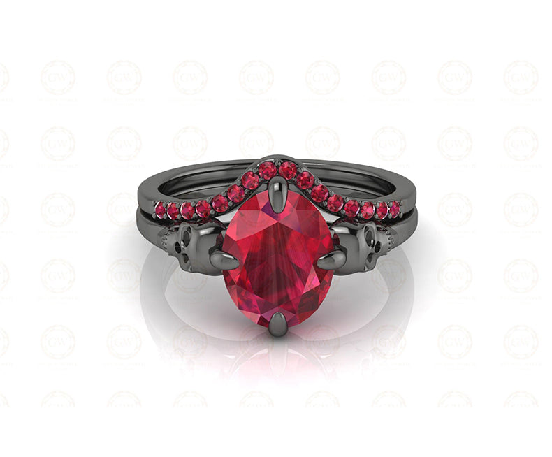 1.80 Ct Two Gothic Skull CZ Oval Solitaire Engagement Wedding Ring Set, Birthstone July Ruby gemstone Women ring, Matching Band, 925 Silver