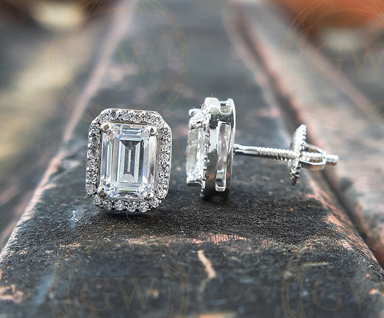 2.25 Ct Emerald Cut Earrings, Halo Stud Earrings, Wedding Earrings, Emerald Stud Earrings, bridesmaids earring, Bridal Earrings For Women