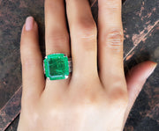 14 Ct Green Emerald Cut Cocktail Engagement Ring, Natural Looking Emerald Gemstone Art Deco Ring, Celebrity Inspired Ring