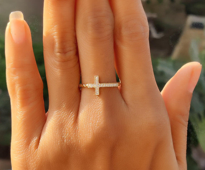 Sacred Beauty: Christian Cross Ring in Silver and Solid Gold, a Sideways Religious Ring with Cable Twists and Round Moissanite