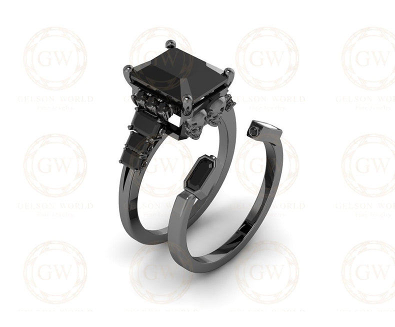 5.30 Ct Gothic Skull Bridal Wedding Ring Set, Emerald Cut Black CZ Diamond, Unique Skull Engagement ring set, Stacking Matching Band for Her