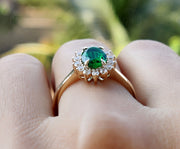 Emerald Halo Engagement Ring, Green Gemstone Rings For Women, May Birthstone Ring, Oval Emerald Halo Ring Gold Anniversary Ring Promise Ring
