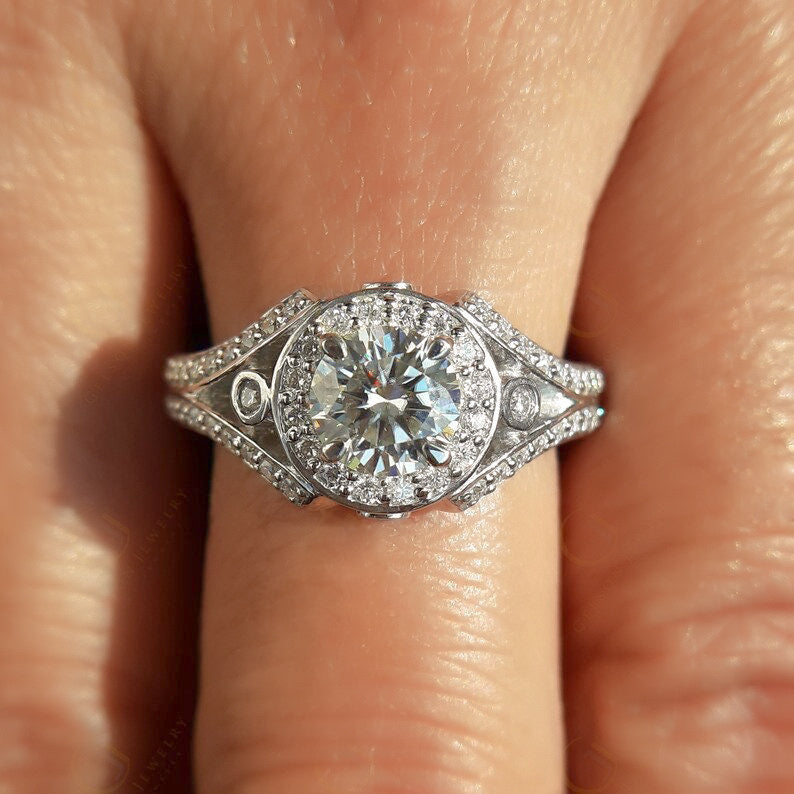 Art Deco Style Moissanite Ring Women, Vintage Round Halo Engagement Ring, Split Shank Ring, Unique Simulate Diamond Ring For Engagement