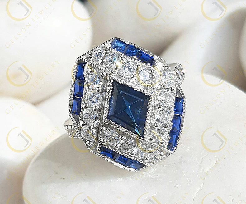 Estate Jewelry / Art Deco Engagement Ring / Blue Sapphire Vintage Wedding Ring For Women / Gift For Her