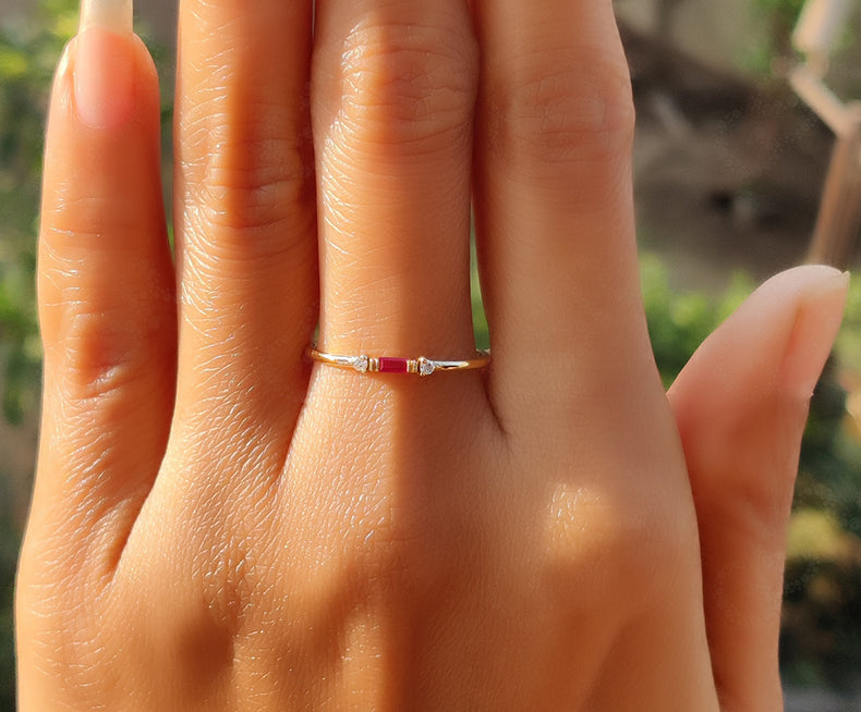 Elegant Stackable Birthstone Rings - Silver and Gold Ruby Beauty - Baguette Ruby Stacking Ring, Ideal Minimalist Ruby Ring with Three-Stone Ruby Promise