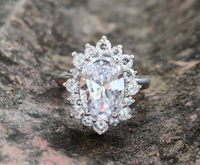 Elongated Oval Moissanite Ring, 3Ct Oval Halo Engagement Ring, Long Oval Stone Ring, Art Deco Moissanite Rings For Women, Silver & Gold Ring