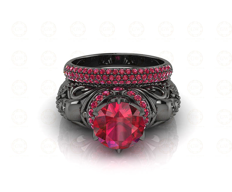 2.15 Ct Gothic Skull Round Floral Vintage Engagement Wedding Ring Set, Birthstone July Ruby gemstone ring, Matching Band, Ring Set For Women