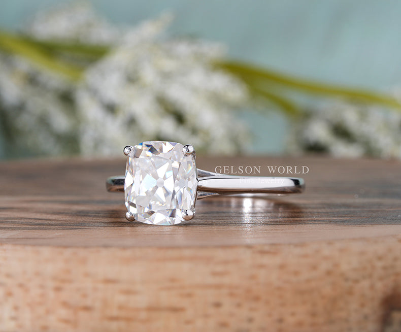 Elongated Old Mine Cut Cushion Cut Ring, Old European Cut Moissanite Solitaire Engagement Ring, Antique Vintage Promise Rings For Women