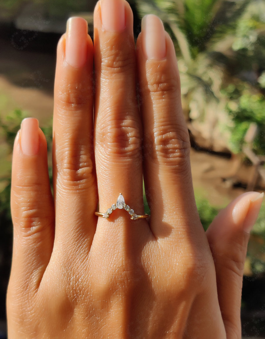 Elegant Curved Wedding Band - Contour Stackable Pear Moissanite Beauty - Nesting Dainty Design - Silver and Gold Stacking Ring - Crown Style Matching Band