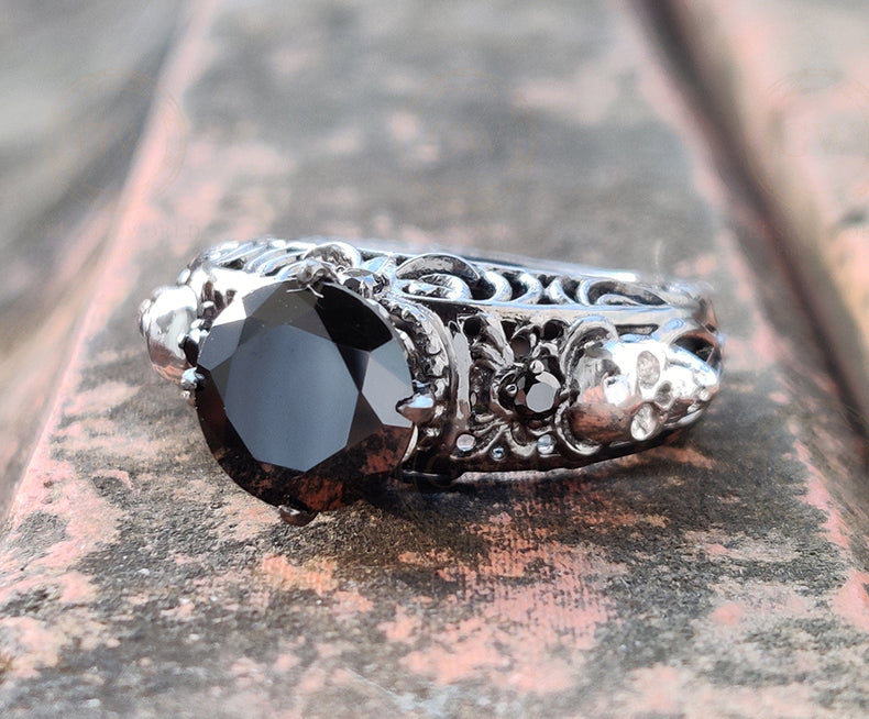 2 Ct Unique Gothic Skull Round Floral Vintage Engagement Ring, Black Man Made Diamond, Sterling silver, Nature Inspired Wedding Women Ring