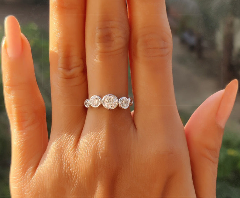 Five Stone Moissanite Cluster Ring: Bubble Bezel Set Silver and White Gold Wedding Ring, Perfect for Anniversaries and Stacking