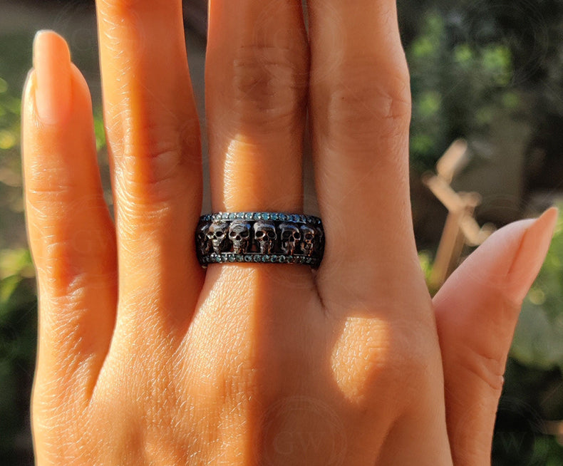 Aquamarine Eternity Ring / 9 mm Wide Black Silver Gothic Skull Wedding Band / Gemstone Birthstone Ring / Full Eternity Band for Men & Women