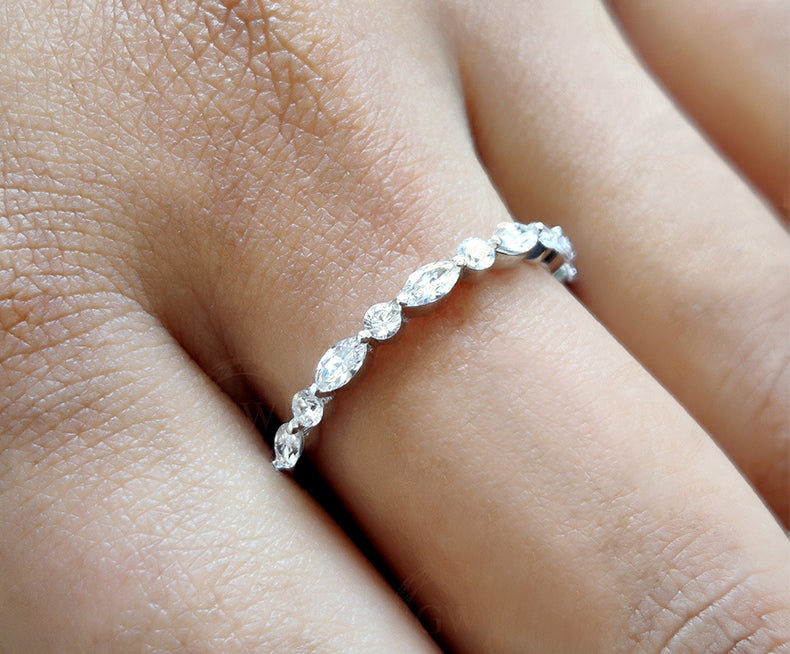 Alternating Round And Marquise Moissanite Wedding Bands Women, Floating Bubble Band, Shared Single Prong Band, Half Eternity Stacking Ring