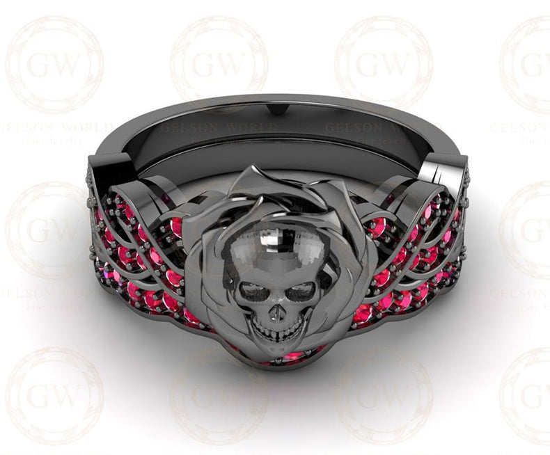 Gothic Skull Bridal CZ Wedding Ring Sets, Rose Floral Gemstone Engagement Ring, Sterling Silver, Criss Cross Nature Inspired Design