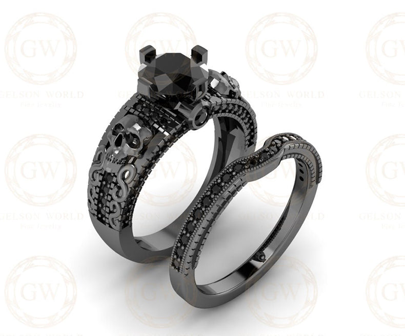 1.75 Ct Gothic Skull Bridal Wedding Ring Set, Round Black Diamond, Unique Skull Vintage Engagement ring set, Stacking Matching Band for Her