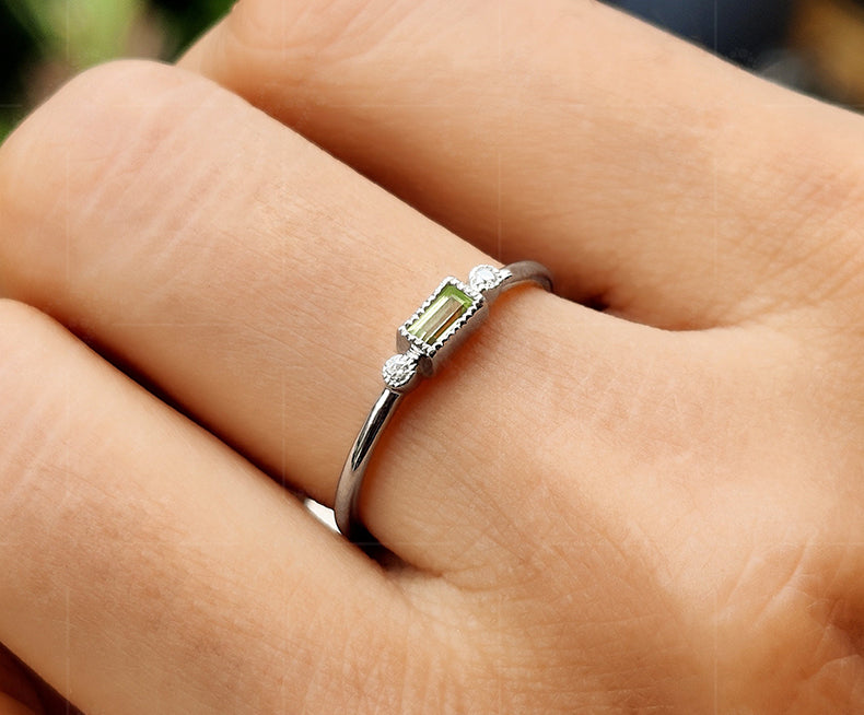 Peridot Perfection: Dainty Silver and Gold August Birthstone Ring Stack - Stacking Peridot Minimalist Ring, Thin Baguette Stackable Ring, Ring For Mom