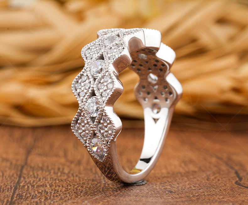 Art Deco Vintage Wedding Band Women, Moissanite Ring Band, Milgrain Vintage Band, Scalloped Edge Band, Unique Moissanite Anniversary Bands