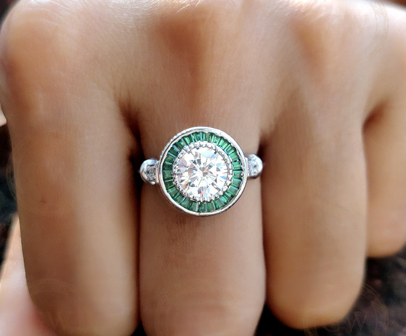 2.00 Ct Round Cut and Green Baguette Art Deco Engagement Ring, Emerald Gemstone Vintage Halo Ring for women, Anniversary Silver Estate Ring