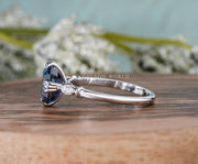 Dark Blue Asscher Cut Moissanite Engagement Ring, Art Deco Fish Tail Prongs Ring, Vintage Style Moissanite Ring, Unique Anniversary Rings