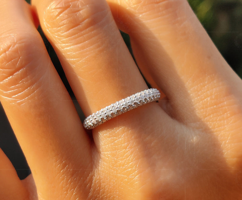 Three Row Micropavé Moissanite Diamond Eternity Wedding Band: Silver and Gold Half Eternity Ring for Her