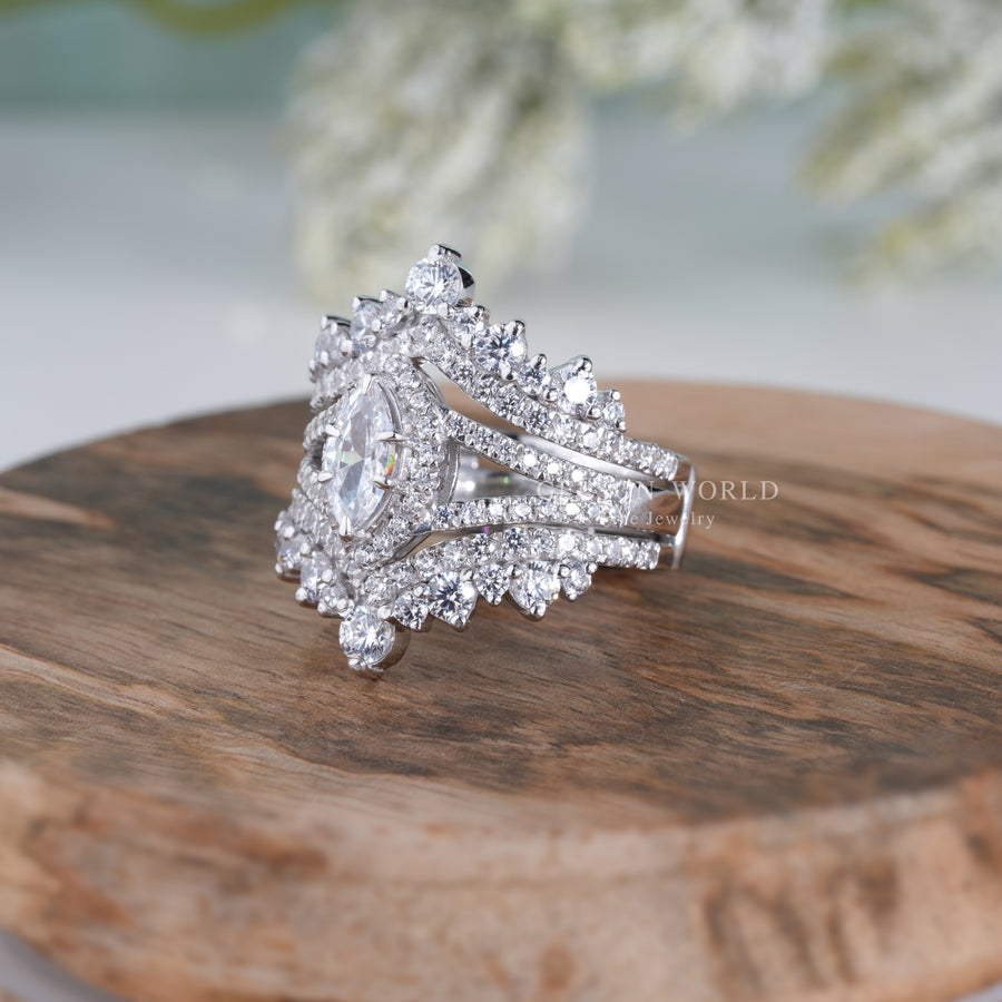 Art Deco Bridal Engagement Ring With Enhancer, Enhancer Wedding Ring Sets For Women, Moissanite Ring Guard Set Marquise Halo Ring Jacket Set