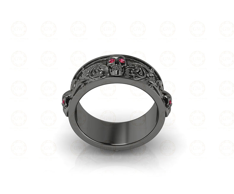 8 mm Wide Nature Inspired Unique Gothic Skull Wedding Band, Birthstone Ring, July Ruby gemstone ring, Promise Ring, Silver Eternity Band