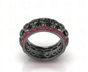 9 mm Wide Unique Gothic Skull Wedding Band, Birthstone Ring, July Ruby gemstone ring, Full Eternity Band for Men & Women, Sterling Silver