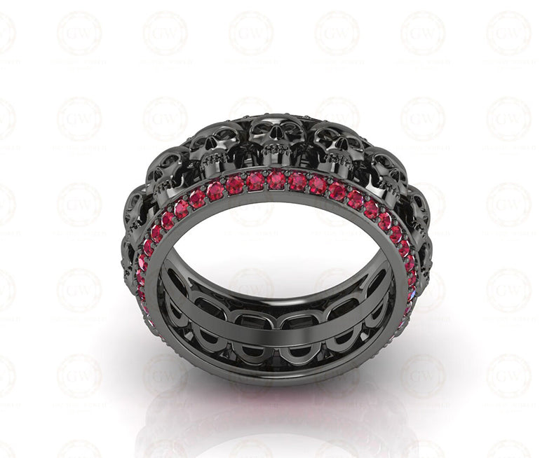 9 mm Wide Unique Gothic Skull Wedding Band, Birthstone Ring, July Ruby gemstone ring, Full Eternity Band for Men & Women, Sterling Silver