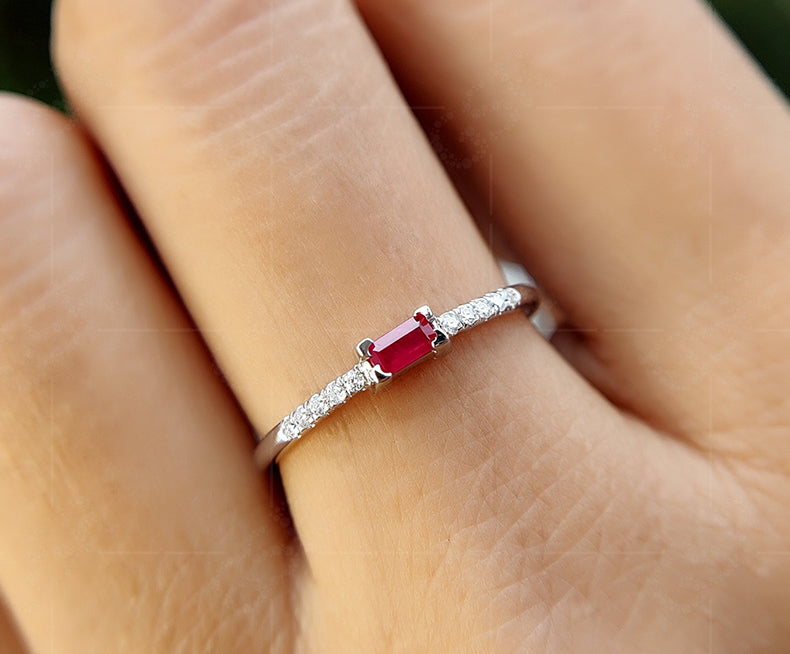 Elegant Horizontal Baguette Ruby Ring - Stylish Sideways Baguette Design - Dainty July Birthstone Beauty - Perfect Ruby Stacking Ring for Minimalist Stackable Rings Women