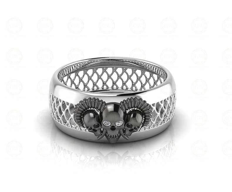 8 mm Wide Vampire Ring Demon Skull Horns Mens Wedding Band, Sterling Silver, Motorcycle Biker Ring, Unique Jewelry, Anniversary Ring