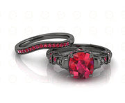 2.40 Ct Unique Gothic Skull Cushion Cut Floral Vintage Bridal Engagement Ring Set, Birthstone July Ruby gemstone Women ring, Matching Band