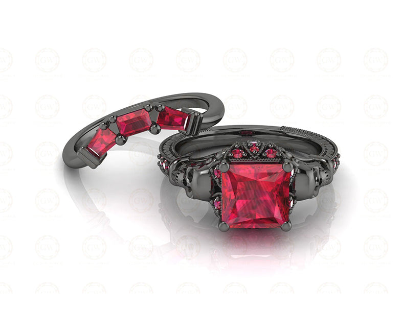 2.90 Ct Gothic Skull Princess Vintage Engagement Wedding Ring Set, Birthstone July Ruby gemstone ring, Matching Band, Ring Set For Women