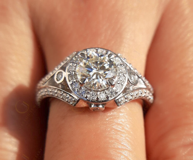 Art Deco Style Moissanite Ring Women, Vintage Round Halo Engagement Ring, Split Shank Ring, Unique Simulate Diamond Ring For Engagement