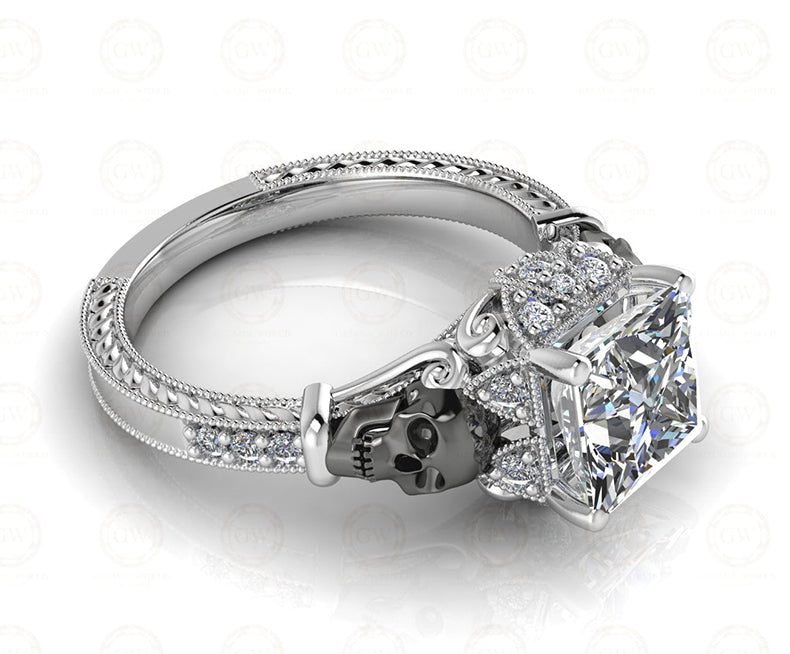 2.35 Ct Gothic Skull Princess Vintage Engagement Ring, Simulated Diamond, Sterling silver, CZ Women ring, Unique Wedding Ring For Her