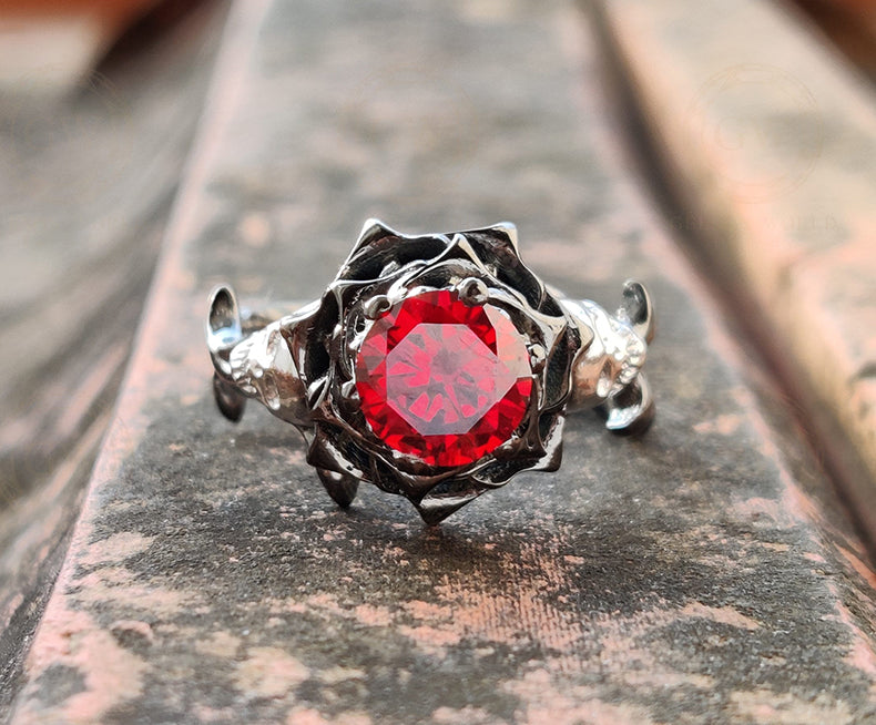 Gothic Skull Engagement ring / Round Red Ruby CZ Diamond / Rose Floral Wedding Ring / Unique Skull Nature Inspired Ring / Ring for Women