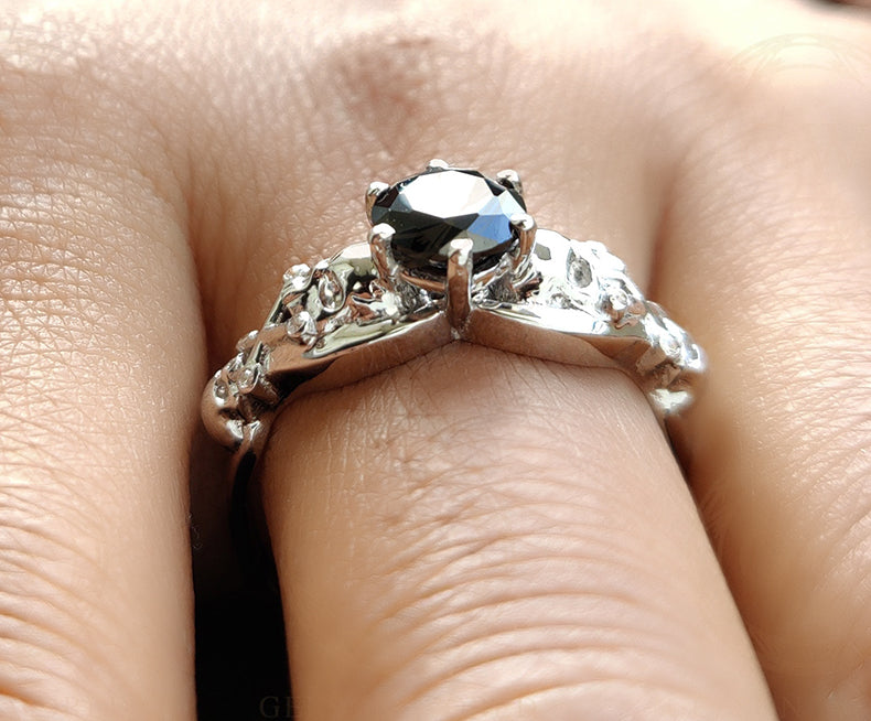 1.05 Ct Unique Skull Engagement Ring, Gothic Wedding ring, Skull women ring, 925 Sterling Silver, Round Black CZ