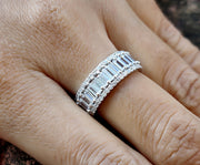 Full Eternity Baguette Wedding Ring / 7.50 mm Wide Band / 3 Row Anniversary Gift Ring / Wedding Band / Sterling Silver / Statement Ring