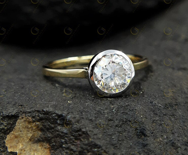 Two Tone Moissanite Engagement Ring, Bezel Set Round Solitaire Ring, White And Yellow Gold Ring, Classic Wedding Ring For Women Rubover Ring