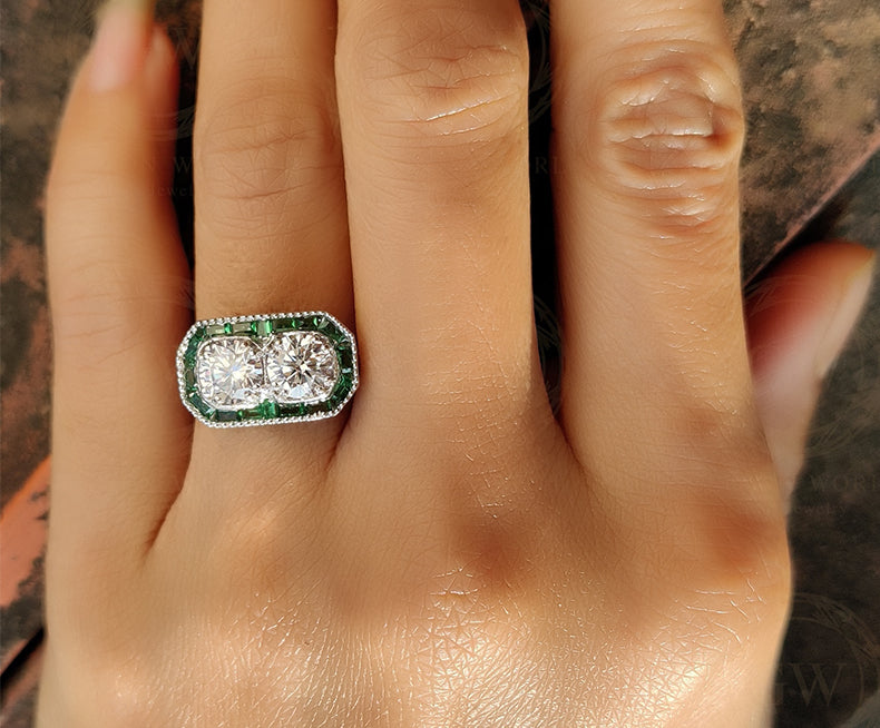 Toi et Moi Ring / Art deco Moissanite Engagement Ring / Estate Jewelry / Emerald Engagement Ring / Antique Rings / Vintage Engagement Ring