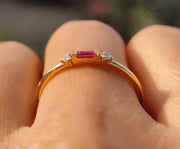 Elegant Stackable Birthstone Rings - Silver and Gold Ruby Beauty - Baguette Ruby Stacking Ring, Ideal Minimalist Ruby Ring with Three-Stone Ruby Promise