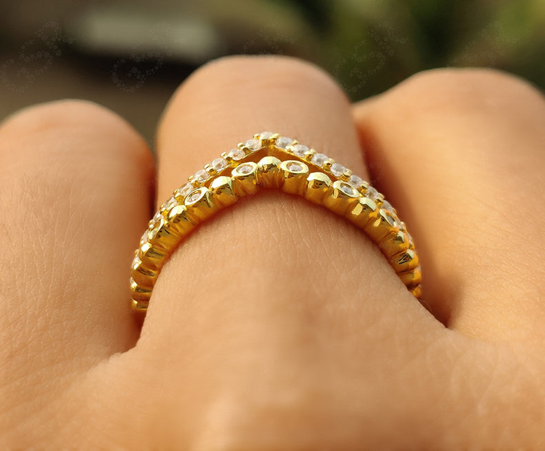 Silver and Gold Chevron Ring Set with Moissanite - Minimalist Stacking and Wedding Band