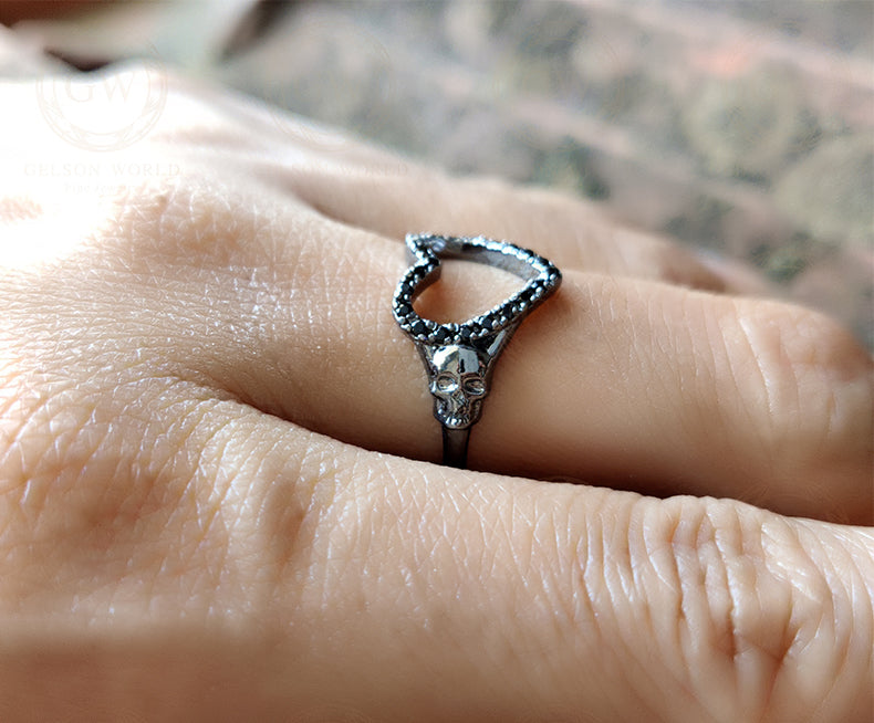 Open heart ring, Hollow heart shape ring, Gothic Skull Women Ring, Two Skull bride wedding engagement promise ring for women, 925 Silver