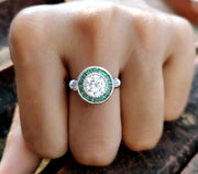 2.00 Ct Round Cut and Green Baguette Art Deco Engagement Ring, Emerald Gemstone Vintage Halo Ring for women, Anniversary Silver Estate Ring